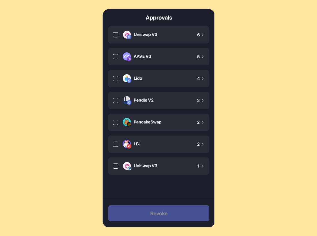 Rabby Wallet 的“授权”界面列出了授予 Uniswap V3、Aave V3 和 Lido 等去中心化应用（dApp）的代币授权，并配有“撤销”按钮