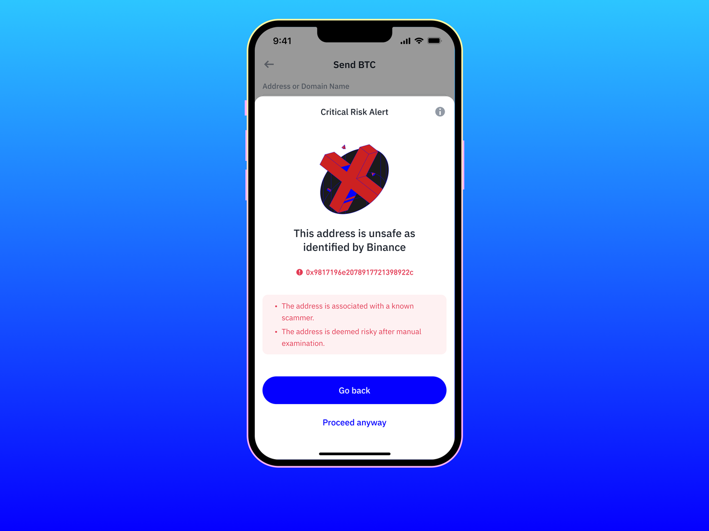Trust Wallet 移动应用显示一条“严重风险警报”,阻止向与已知诈骗者相关的地址发送资金